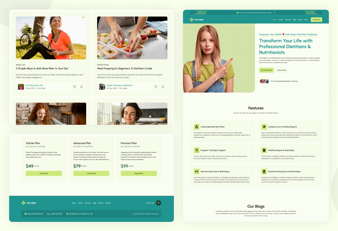 Blog and features section on NutriWell homepage, highlighting health tips and personalized nutrition services