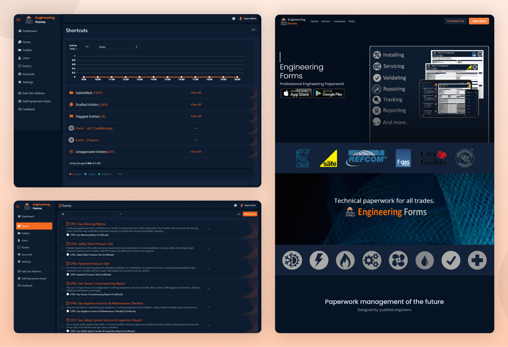 Homepage of EngineeringForms.com showcasing form access and smart workflows.