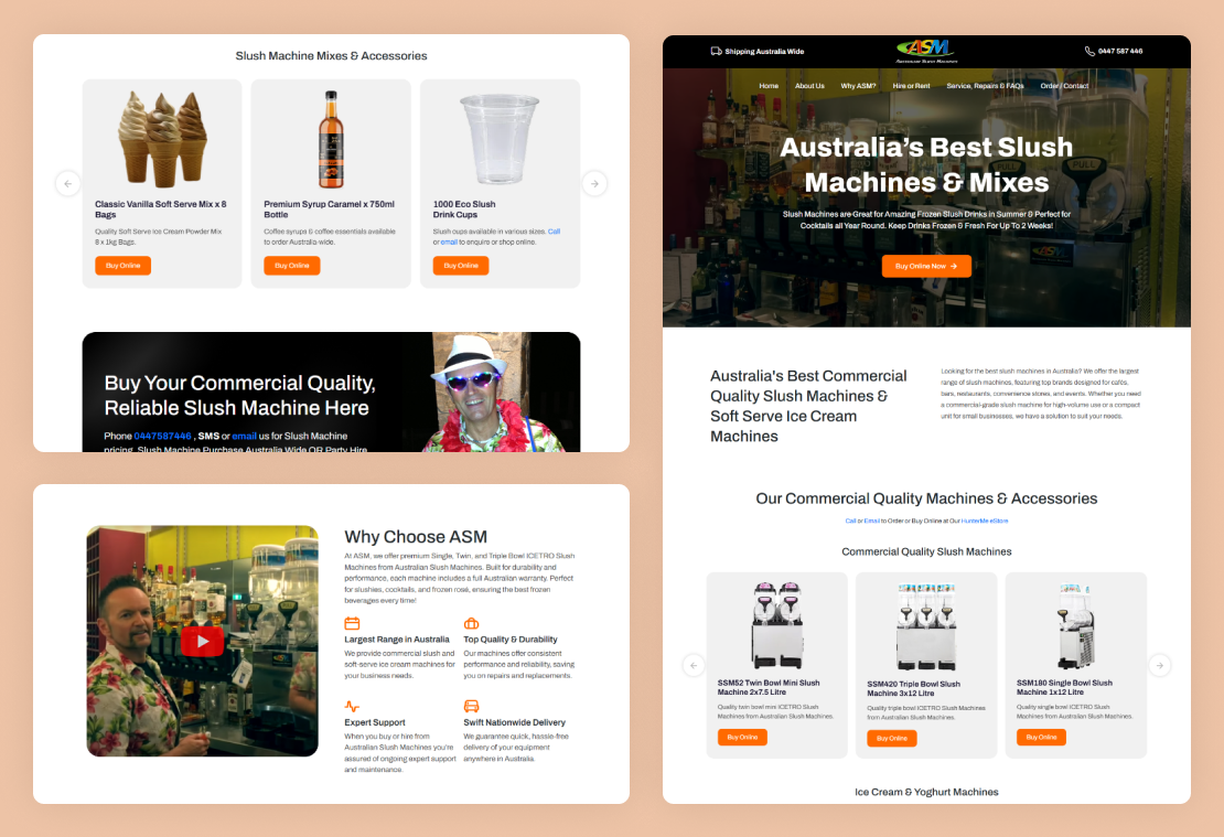 Homepage of Australian Slush Machines showing slushie options and services.