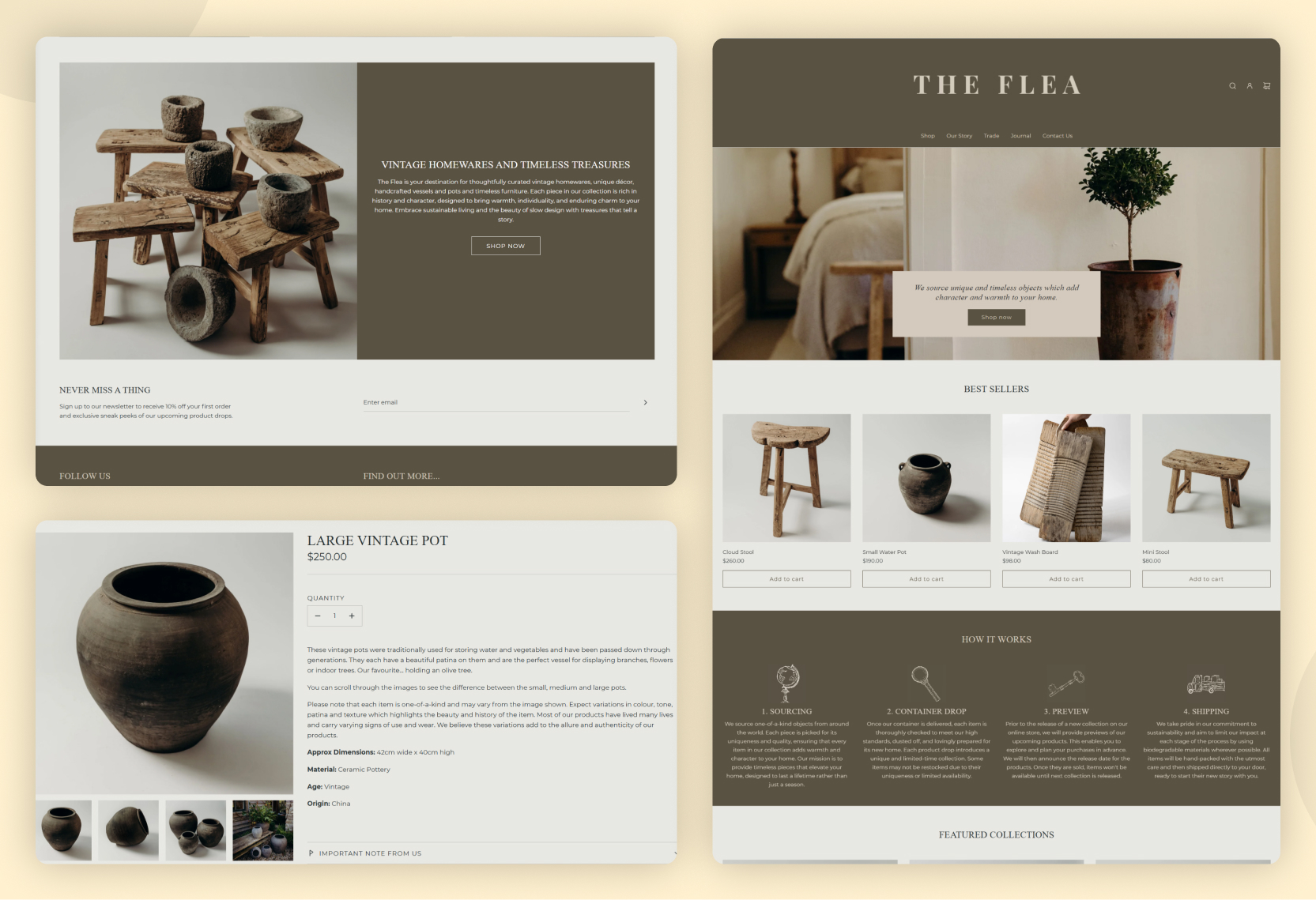 Collage showing The Flea homepage sections for Vintage Homewares and Best Sellers, and product details page for Large Vintage Pot