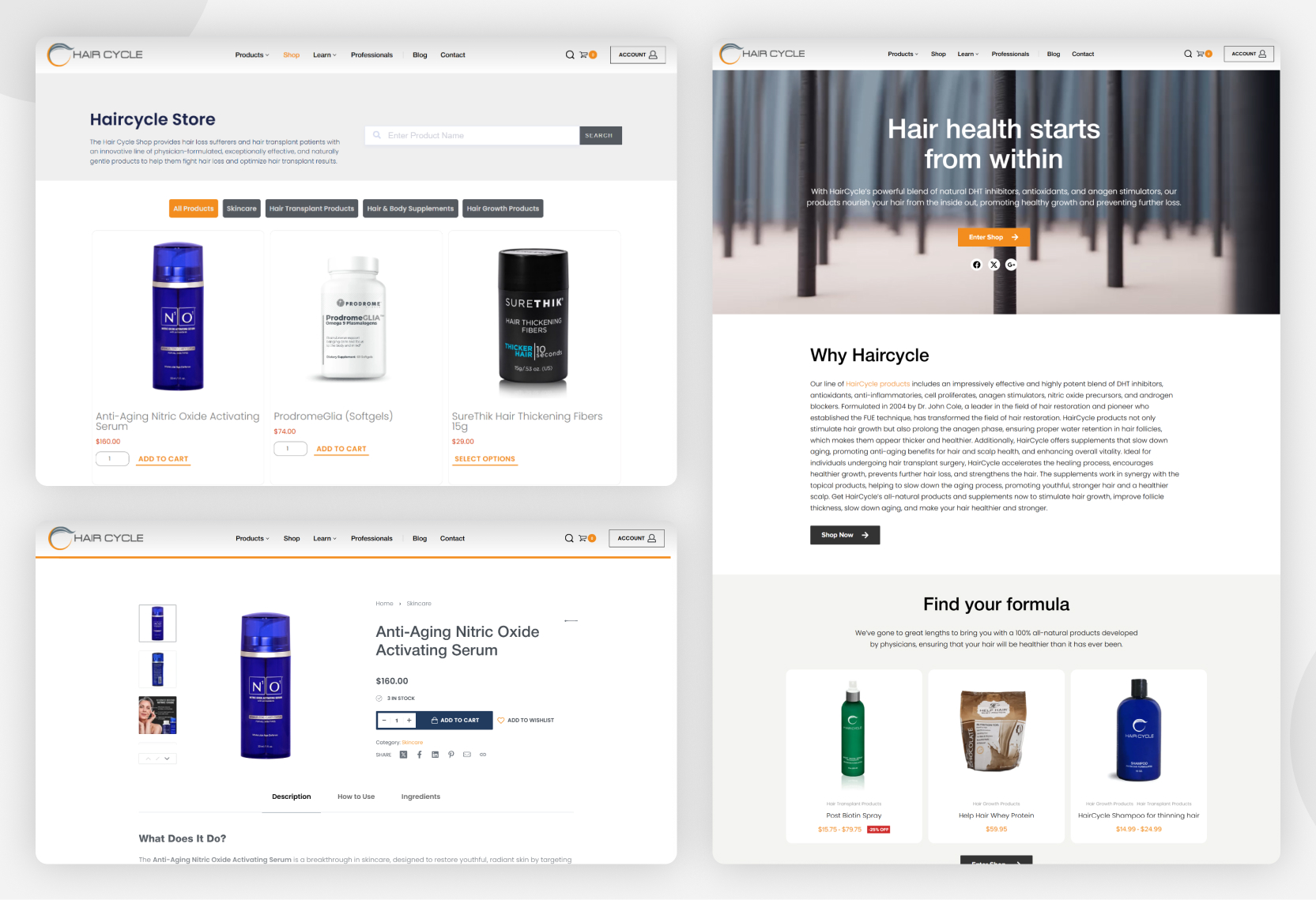 Collage showing HairCycle online store, product details for Anti-Aging Nitric Oxide Activating Serum, and homepage sections