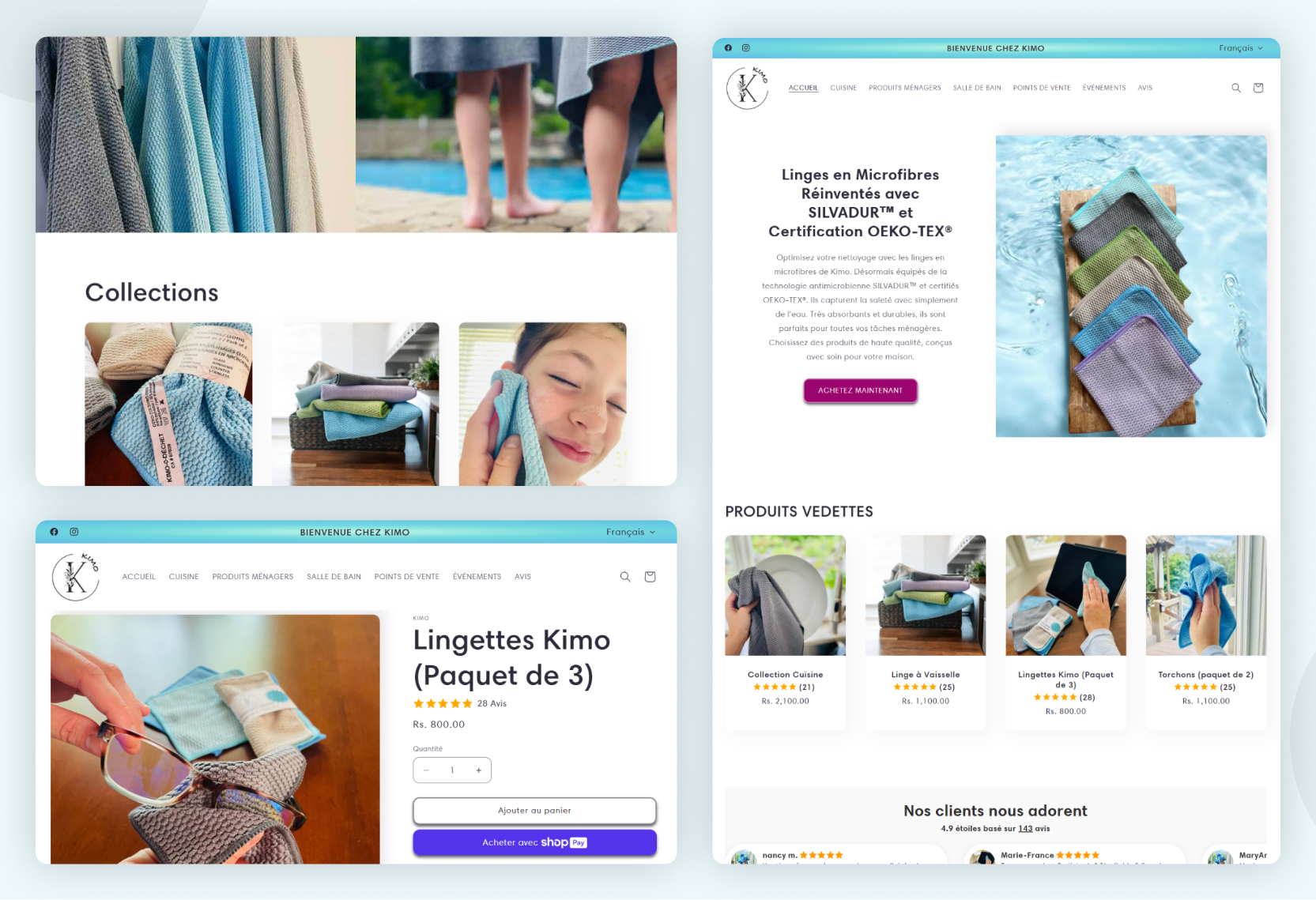 Collage of Kimo homepage sections showing product collections, SILVADUR and OEKO-TEX certification banner, and Lingettes Kimo product details