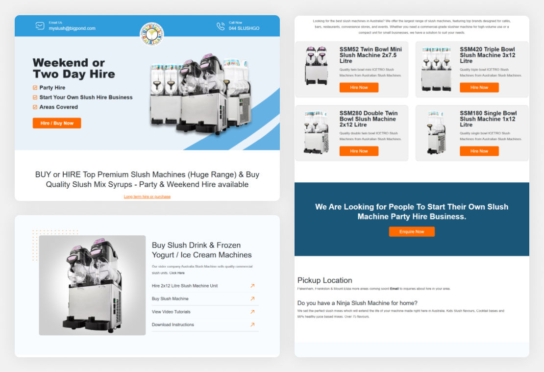 Homepage of OziSlush showing slushie machine hire options.