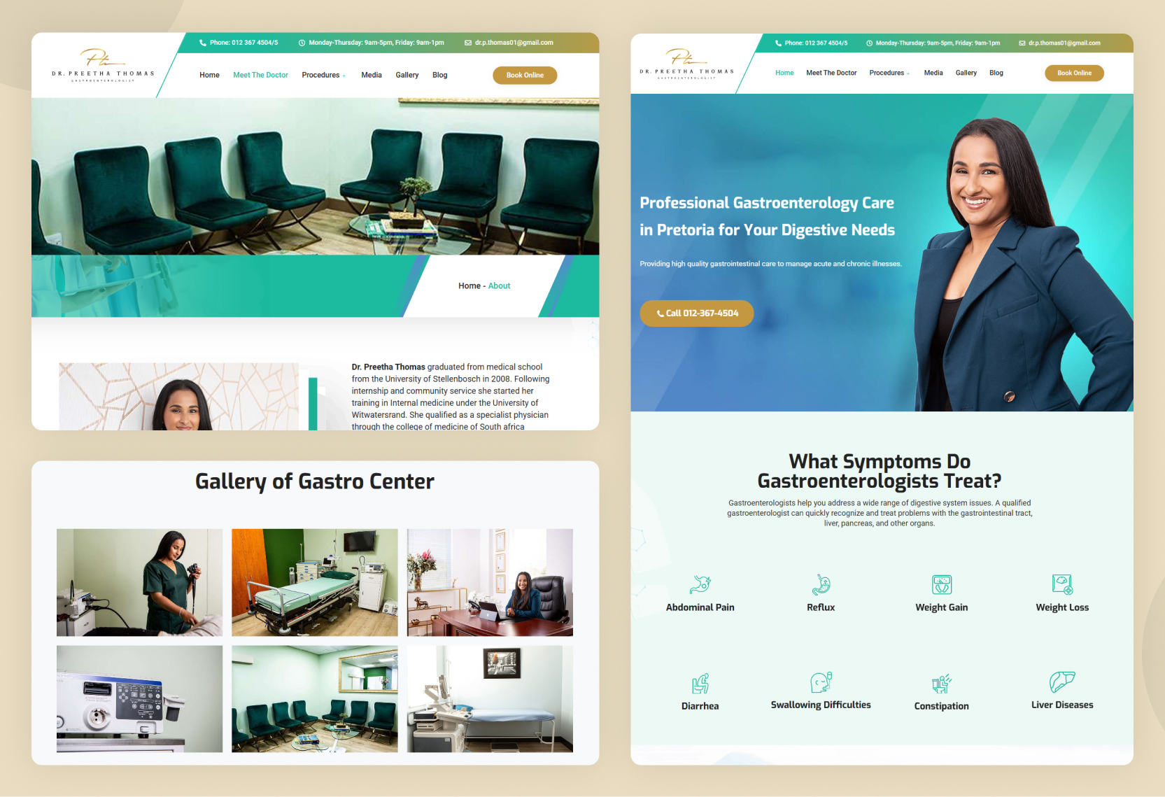 Collage of website sections for Dr. Thomas including About the Doctor page, clinic gallery, and list of symptoms treated by gastroenterologists