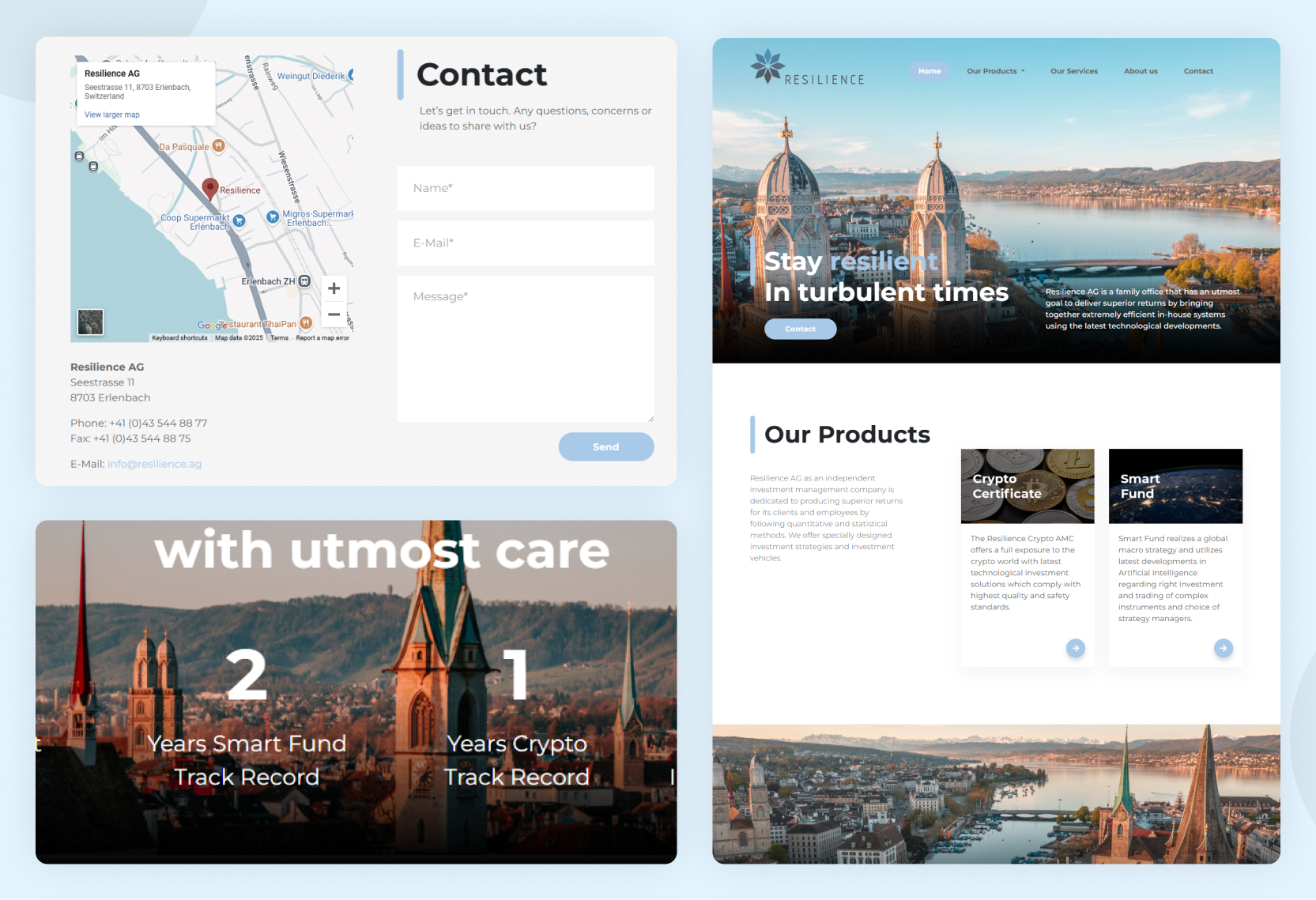 Collage showing ResilienceAG contact section, Our Products homepage section, and firm statistics on investment solutions and track records
