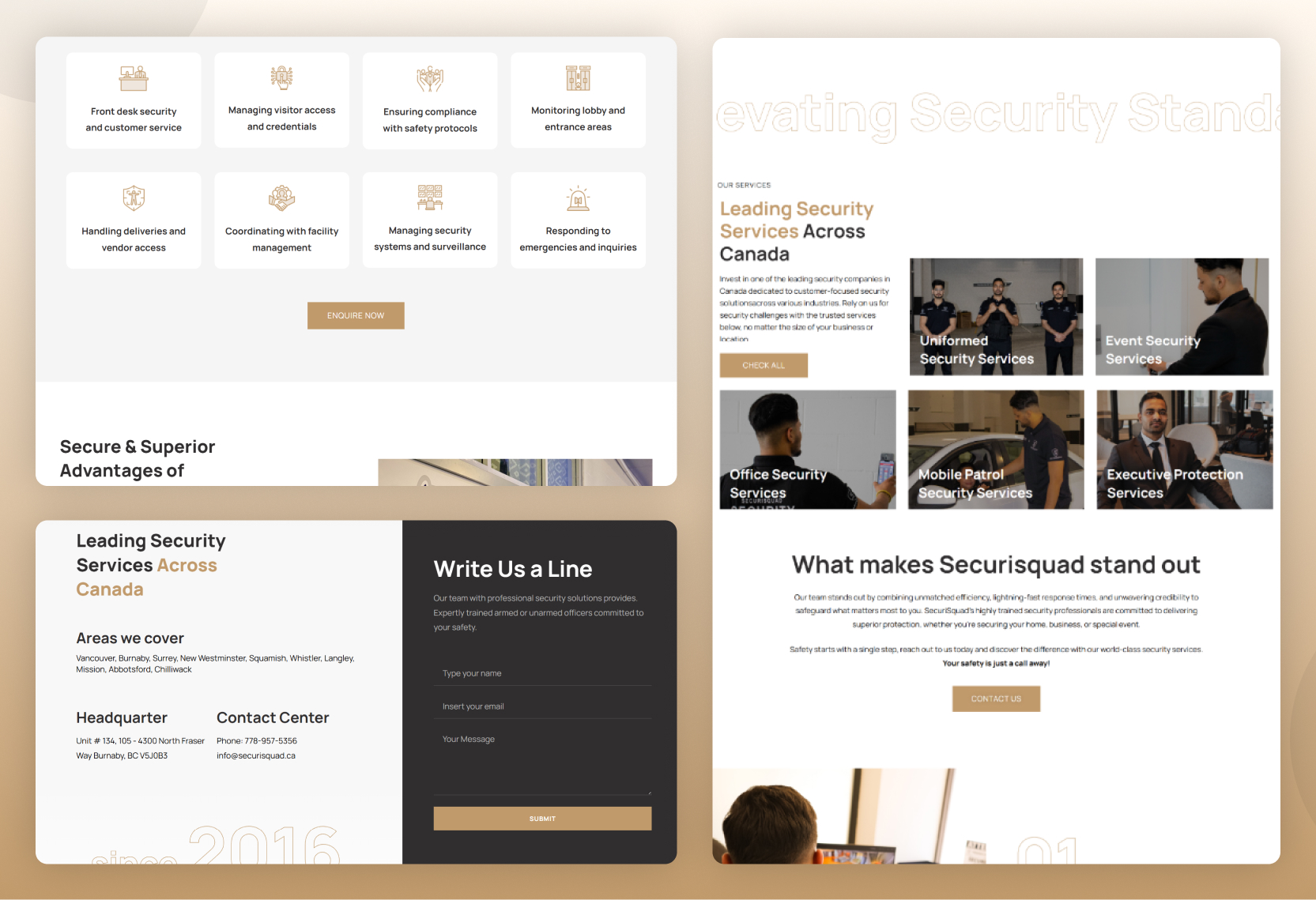 Collage showing Securisquad website's Our Services section, full Services page, and About Us page content