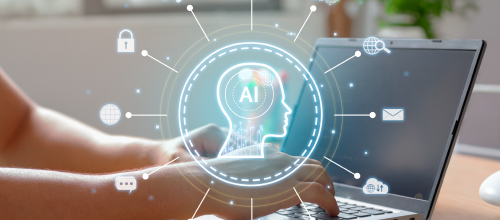 AI development company creating intelligent chatbot assistant with connected AI brain interface on laptop