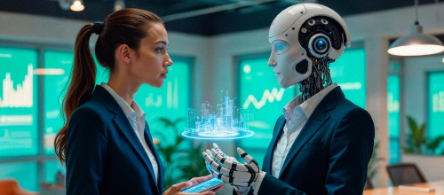 AI development company consultant and robot collaborating on business strategy with holographic city model