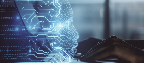 Custom AI development company building intelligent systems with digital human and circuit board architecture