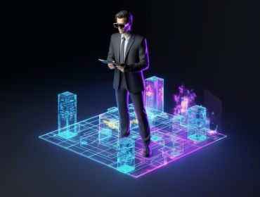 AI Solutions for Real Estate Man interacting with 3D building models using virtual reality interface