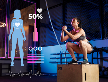 AI-Powered Sports & Fitness Solutions Woman performing box squat in gym with fitness metrics displayed on screen