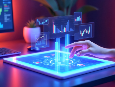AI Solutions for Finance Hand interacting with digital tablet showing financial charts and data visualization