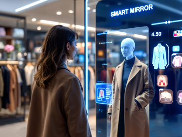 AI-Powered Retail Solutions Customer interacting with digital mirror displaying clothing options in store
