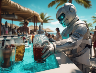 AI Solutions for Food & Beverage Robot preparing drinks at beachside bar with people in background