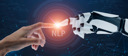 AI development company providing NLP services through human and robot hand interaction representing language AI