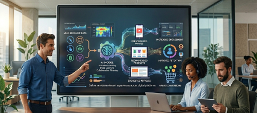 AI development company presenting personalized recommendation engine with user behavior data and AI model flowchart