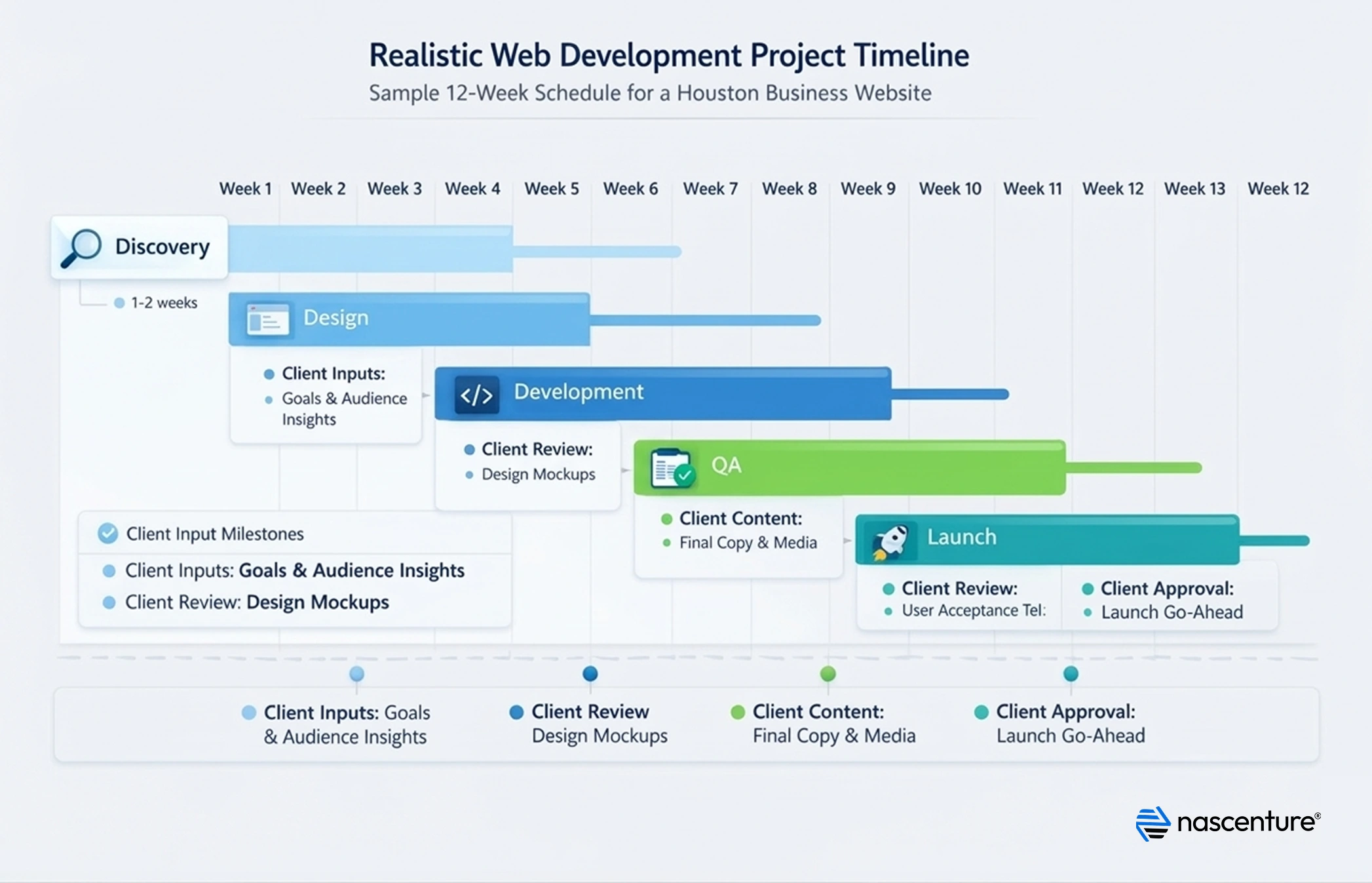 Gantt chart infographic showing a realistic 12-week project timeline to help you hire web developers in Houston, covering phases for discovery, design, development, QA testing, and website launch.