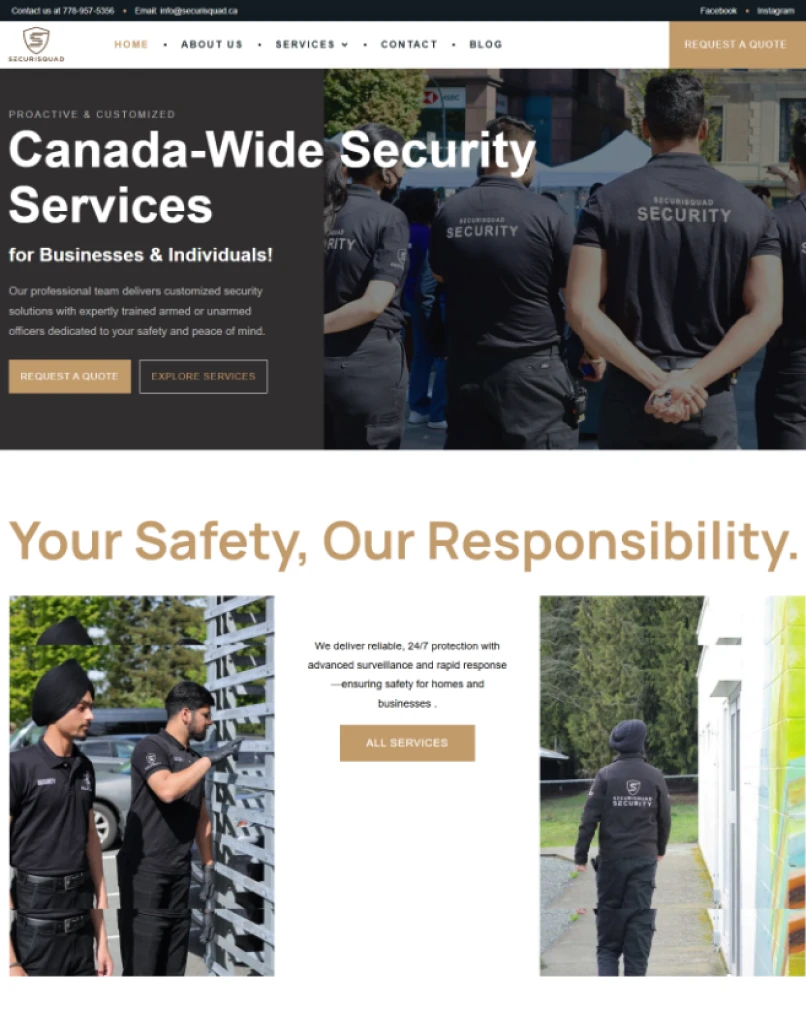 Securisquad website section showing security officers inspecting property gate and performing building patrol