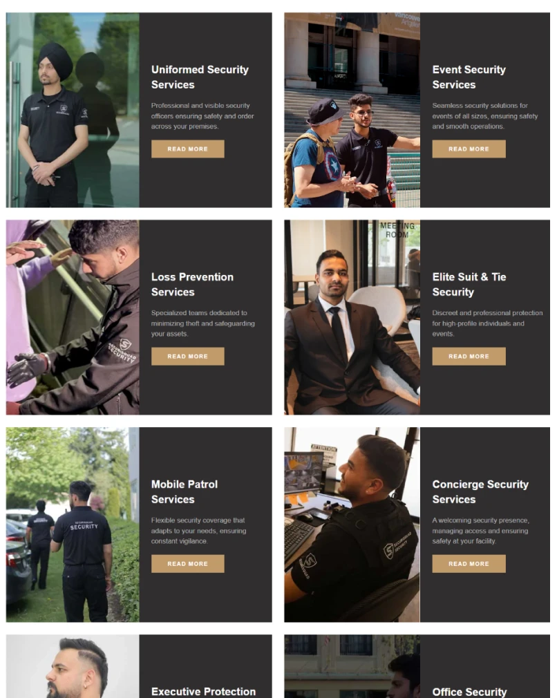 Securisquad security services website section displaying uniformed security event security and patrol services