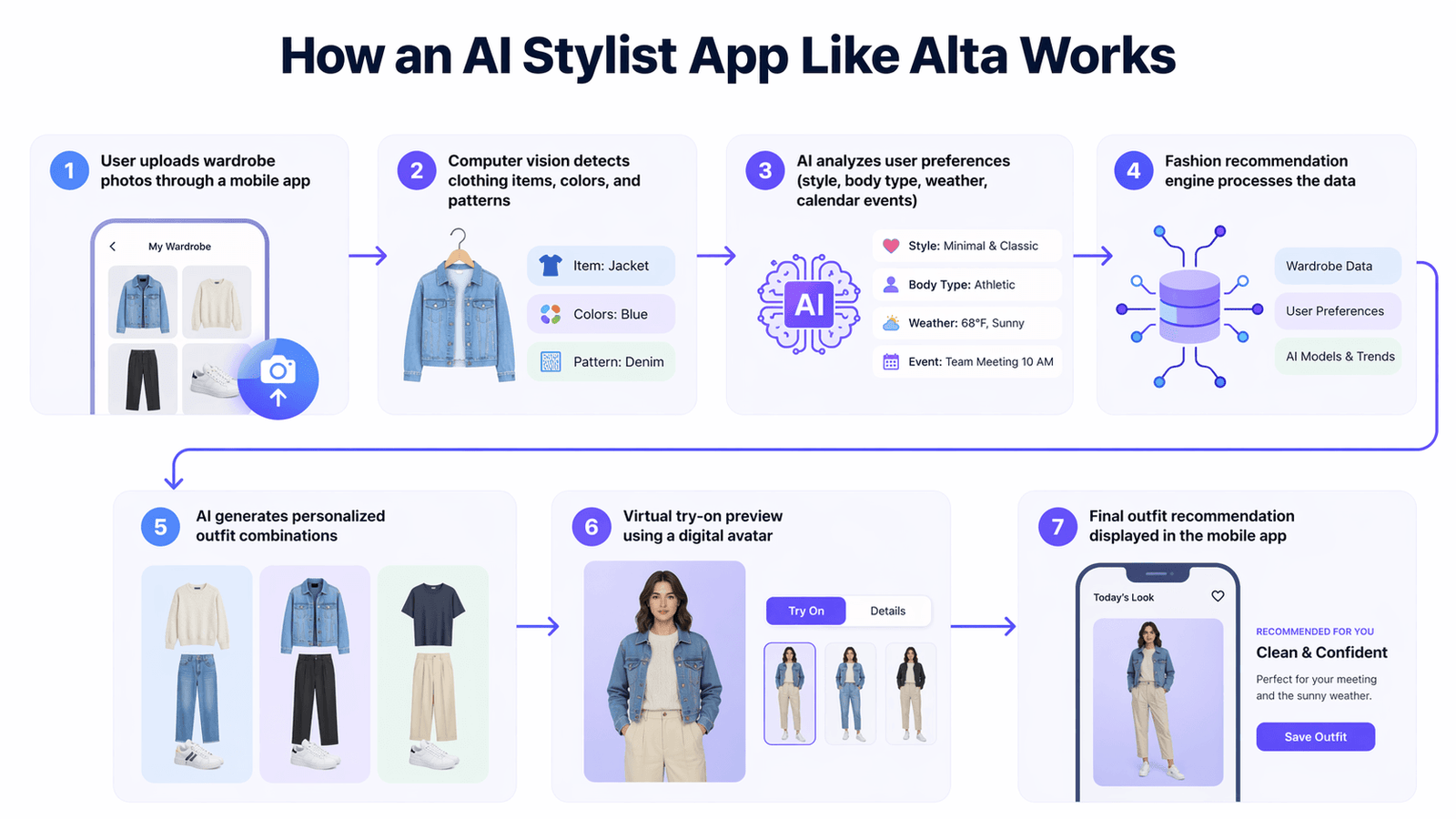 Workflow diagram showing how to build an AI stylist app like Alta using computer vision and AI recommendation engine