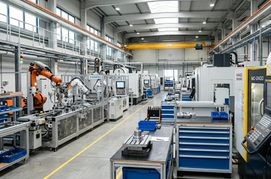 Modern manufacturing facility floor with robotic arms CNC machines and automated assembly lines