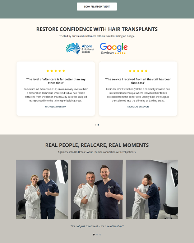 Hair transplant clinic website section showing patient reviews and doctor with hair transplant patients