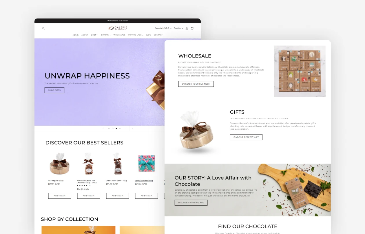 Preview of galerie au chocolat ecommerce website with chocolate products gift collections and wholesale page
