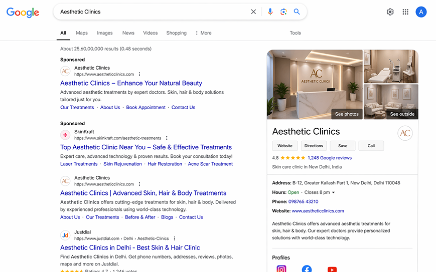 Google search results for aesthetic clinic showing top ranking clinic websites