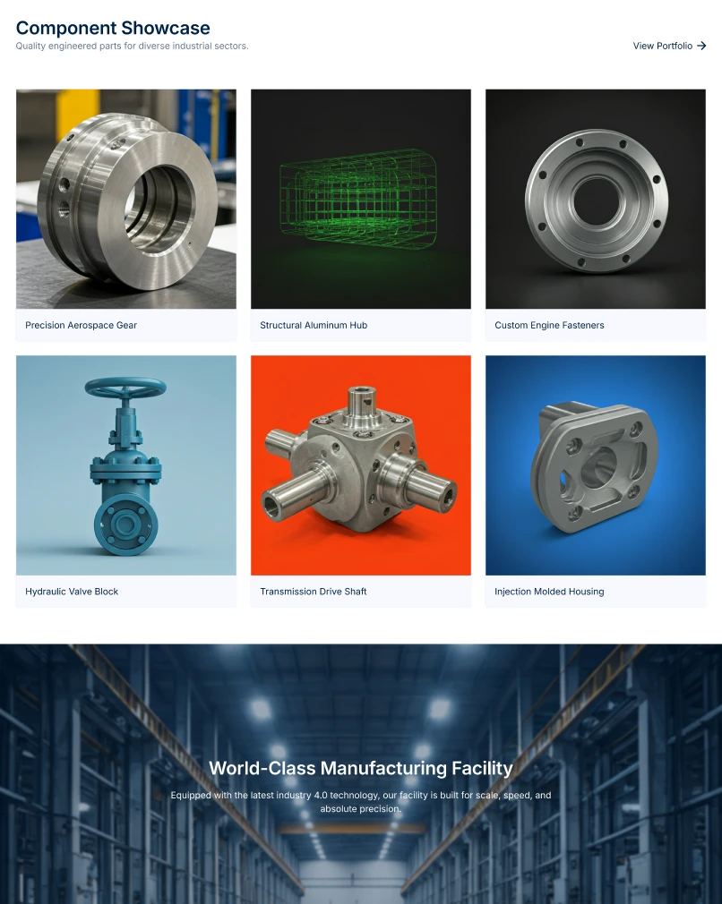 Karnex manufacturing website design portfolio page showcasing aerospace gears and mechanical components