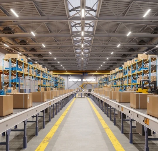 Industrial warehouse with conveyor belts and storage racks representing manufacturing website design services