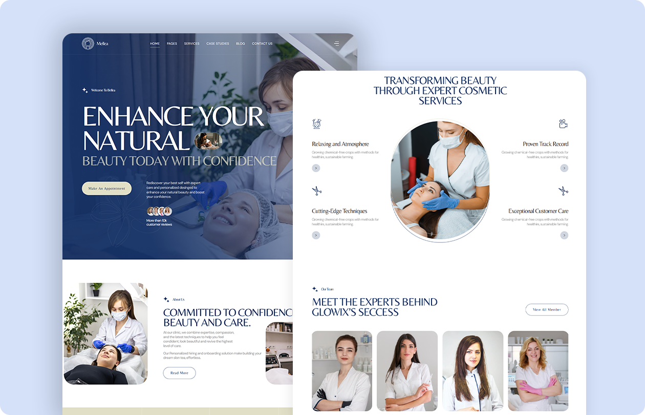 Cosmetic services clinic website design showing hero section, about page, services, and expert team