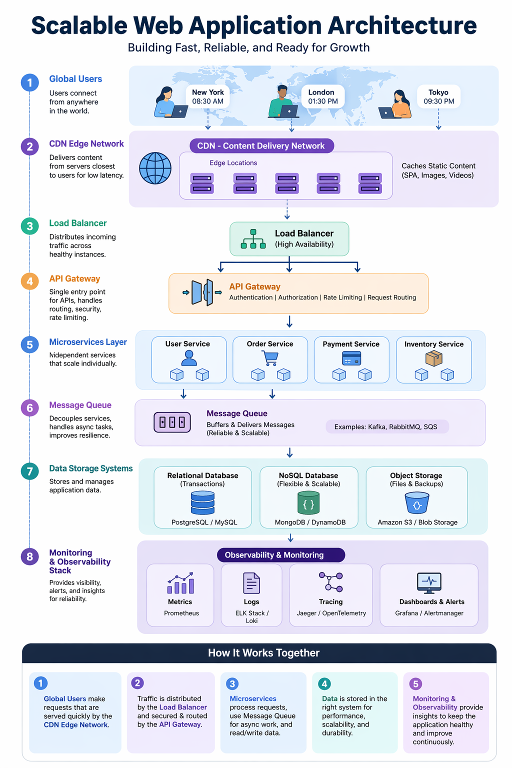 Scalable web application architecture diagram showing CDN, load balancer, API gateway, microservices, message queues, data storage, and observability stack Scalable web application architecture diagram showing CDN, load balancer, API gateway, microservices, message queues, data storage, and observability stack