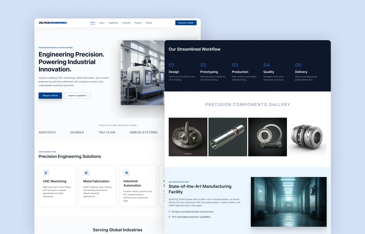 Veltron Engineering Solutions India manufacturing website design redesign showcasing capabilities