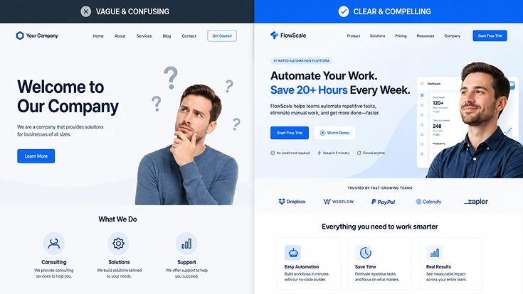 Comparison of vague website headline vs clear value proposition example