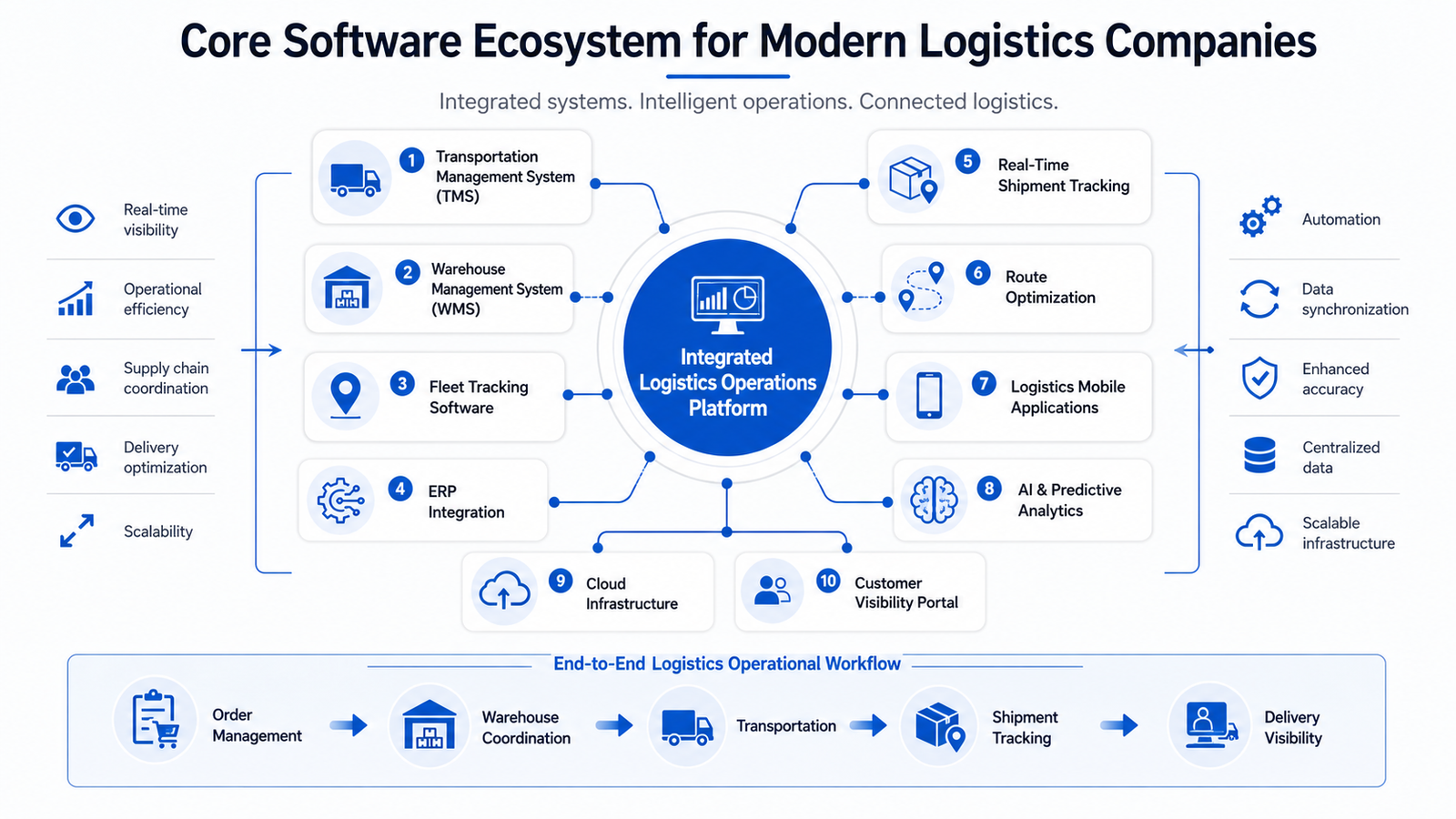 Enterprise logistics software ecosystem infographic showing TMS, WMS, ERP integration, fleet tracking, AI analytics, and shipment visibility systems