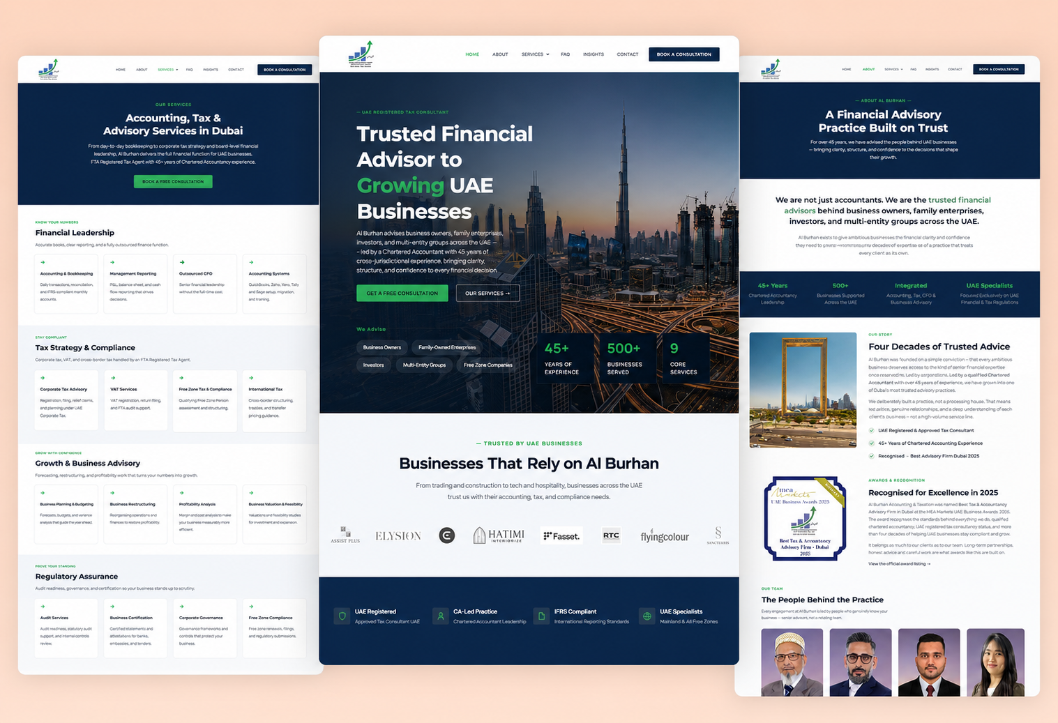 Al Burhan Accountancy website redesign showcasing accounting, tax, and financial advisory services in Dubai