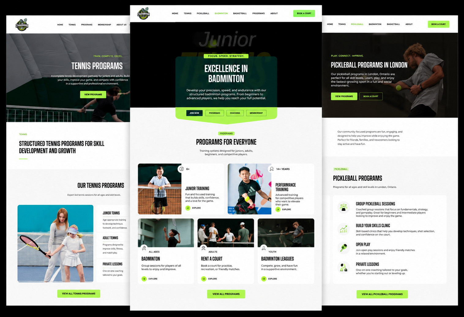 Champion Sports Academy website redesign showcasing tennis, badminton, and pickleball program pages