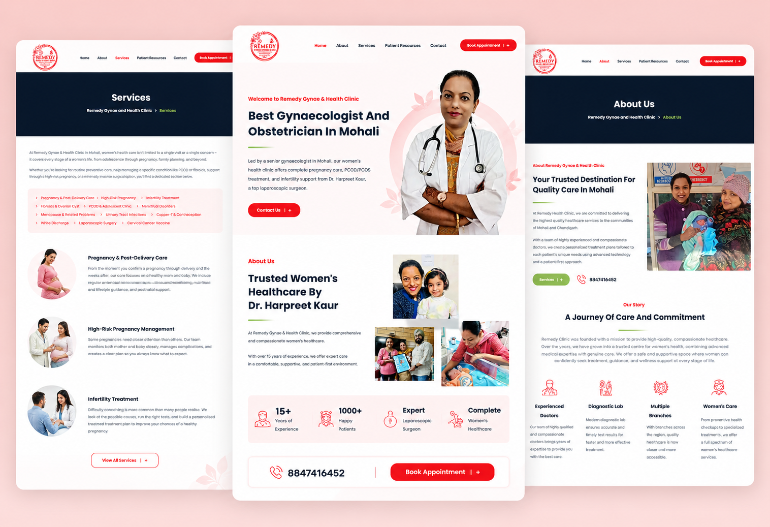 Remedy Gynae & Health Clinic website redesign showcasing women’s healthcare services, doctor profile, and patient-focused care information.